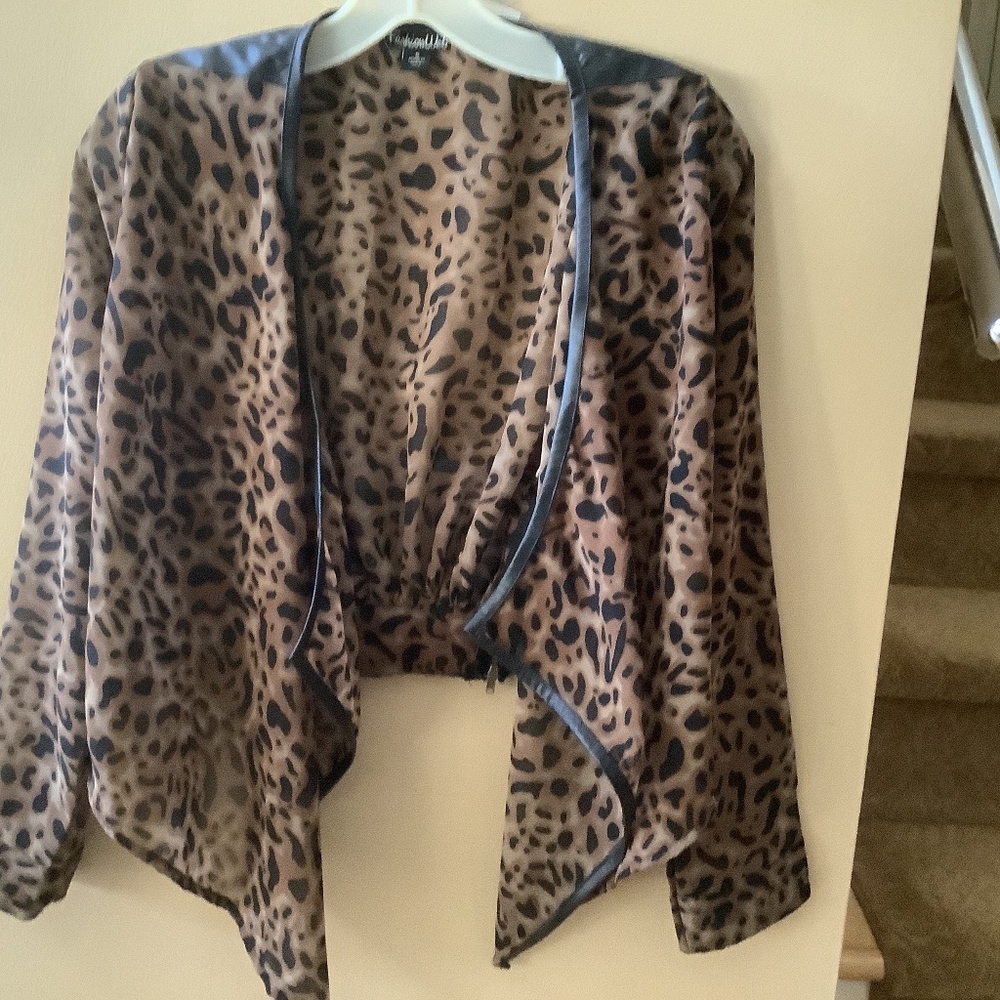 NWT Leopard sheer fabric with faux leather trim open front jacket